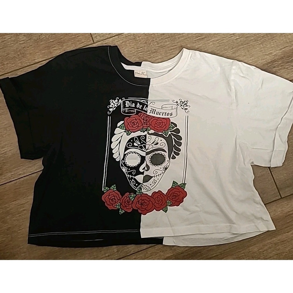 Vibe N Dia De Lo Muertos Color Block Rose Skull T-shirt Sz L Cropped Y2K Grunge